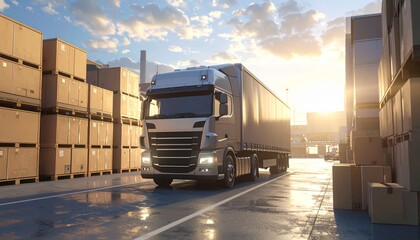 Modern delivery truck driving through warehouse at sunset, logistics and cargo concept