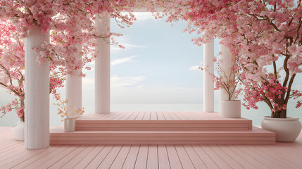 Enchanting cherry blossom stage with ocean view creates a dreamy romantic setting, perfect for weddings, events, or serene spring backgrounds