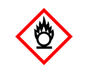 This is a GHS symbol indicating oxidizing substances icon. Hazard sign oxidizing gas with red rhombus frame illustration on transparent background. 
