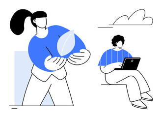 Two people in minimalistic style one holding a leaf, symbolizing sustainability, and another using a laptop. Ideal for ecology, teamwork, sustainability, innovation, remote work, education