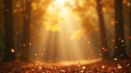 Autumn leaves drifting gently toward sunlit forest path under warm golden rays with copyspace, concept of fall nature, outdoor wellness, seasonal greeting