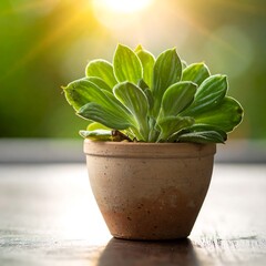 Succulent Plant in Clay Pot Bathed in Sunlight.