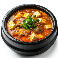 spicy kimchi stew served in a black stone pot