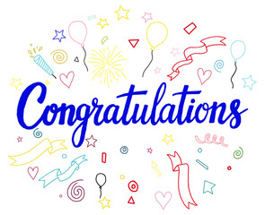 Illustration of hand drawn congratulations with balloons isolated on transparent background