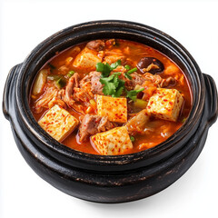 spicy kimchi stew served in a black stone pot