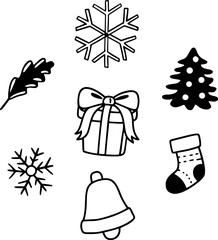 collection of doodle elements for the new year and christmas. snowflake, christmas tree, gift box, bell, leaf, sock