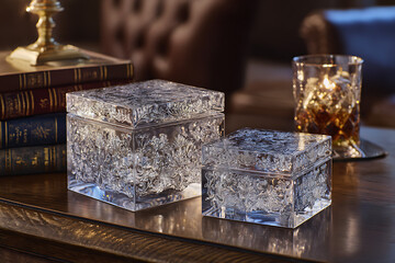 Fototapeta premium Luxury Crystal Keepsake Boxes Still Life | Elegant Glass Decor on Vintage Wooden Desk | Sophisticated Home Accent Art Print