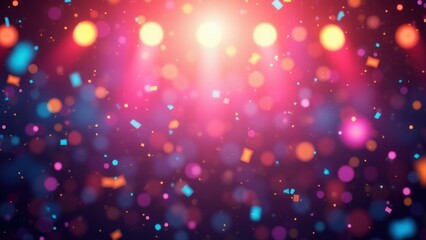 Colorful confetti fragments floating amid vibrant bokeh lights under bright central glow, concept of disco party, birthday celebration, event promo