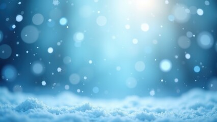 Snowflakes drifting softly over fluffy snow ground under cool blue bokeh lights with copyspace, concept of winter holiday, christmas greeting, seasonal decor