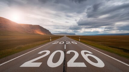 Dramatic 2025&ndash;2026 roadscape asphalt numbers painted roadway toward sunlit mountains cloudy sky