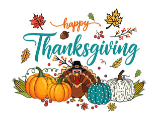 Illustration of hand drawn happy thanksgiving with pumpkins isolated on transparent background