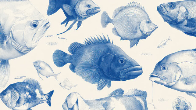 Blue vintage fish illustration on calm background. classic marine and aquatic seafood pattern, an artistic drawing for restaurant menu