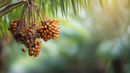 Bountiful harvest of fresh oil palm fruit hanging on tree in sunlit plantation. natural raw material for agriculture and industry