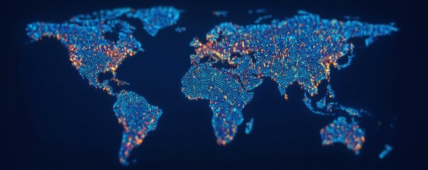 Breaking News Banner, Digital world map illuminated by bright dots and lines.