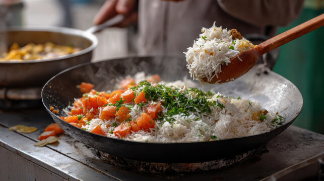 Aromatic Indian street food tawa pulao cooking in hot pan. Savory basmati rice and fresh vegetable stir fry meal prepared outdoors at market