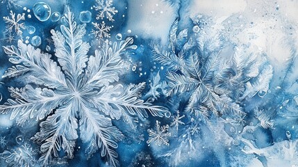 Delicate watercolor painting of snowflakes and bubbles creating a winter wonderland scene