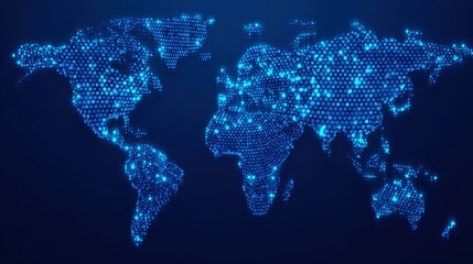 Breaking News Banner, World map composed of glowing hexagonal patterns on a dark background.