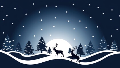 Naklejka premium Elegant winter scene with deer silhouettes against a snowy, moonlit backdrop creates a magical, festive feel, perfect for holiday cards and seasonal designs