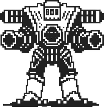 Pixel art robot mech with heavy armor, futuristic cybernetic exosuit, large cannons, sci fi mechanical design illustration