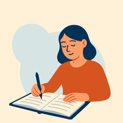 Woman happily writing at desk with notebook