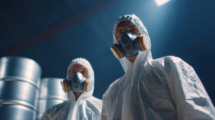 Serious team of workers in protective suit and gas mask inside hazardous chemical factory facing danger near large metal barrel