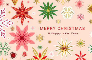 Merry Christmas & Happy New Year banner design. Greeting card template with geometric snowflakes, stars pattern. Red, green, pink, purple and gold colored EPS 10 vector ornate background