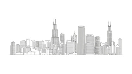 Obraz premium Cityscape Silhouette: An architectural line drawing, presenting a minimalist outline of a modern cityscape, showcasing a dynamic mix of skyscrapers and buildings. 