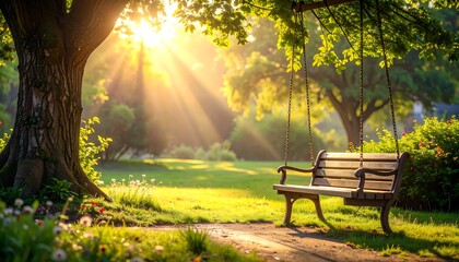 Sunlit Serenity - A Bench in the Park at Sunset.