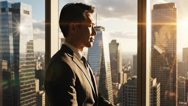 Confident businessman gazes at city skyline, envisioning future success and growth.