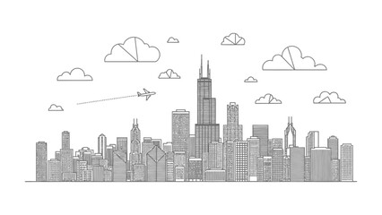 Obraz premium Urban Horizon: A meticulously drawn city skyline showcases iconic architecture, punctuated by clouds, and a soaring aircraft. 