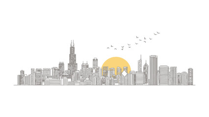 Naklejka premium Cityscape Skyline: A minimalist outline of a modern city's skyline, featuring skyscrapers, structures, and a vibrant sunset, evoking a sense of urban beauty and architectural grandeur.