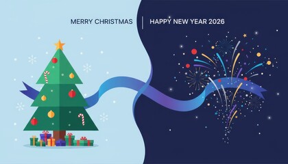 Fototapeta premium Celebrate joyous holiday season with festive Christmas tree and vibrant New Year fireworks, wishing everyone merry holidays and happy upcoming year