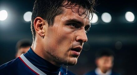 Sweaty male soccer player on field at night, intense expression, focused on game.