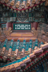 Fototapeta premium Close up of Summer Palace building details in Beijing, China. This ancient architecture showcases intricate artistry. The colors and shapes are vibrant.