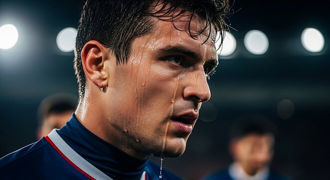 Sweaty male soccer player on field at night, intense expression, focused on game.
