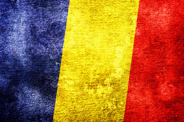Grunge filter and damaged style of Romania flag background.
