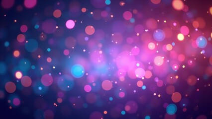 Tiny glitter sparkles scattering over reflective surface under pink purple bokeh lights with copyspace, concept of glamour party, cosmetic promo, festive night