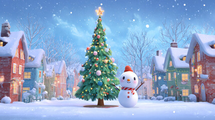 Naklejka premium Christmas tree and a cute snowman stand in a snowy village square with softly lit houses, xmas cartoon town scene