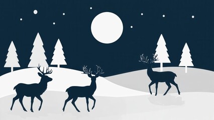 Majestic reindeer silhouettes roam through a serene winter landscape under a glowing full moon and starry night sky, perfect for holiday themes.