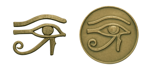 Textured Eye of Horus symbol separated and engraved on a coin, isolated on transparent background