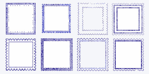 Collection of eight unique hand drawn blue watercolor borders and frames with decorative elements