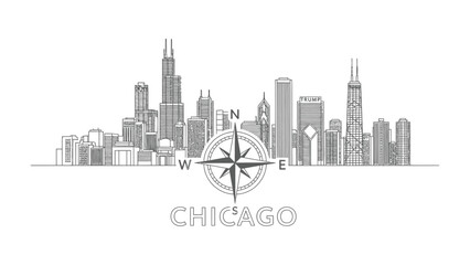 Obraz premium Chicago Cityscape: The iconic Chicago skyline, rendered in a modern line art style, showcases the city's impressive architecture. The composition incorporates a compass rose.
