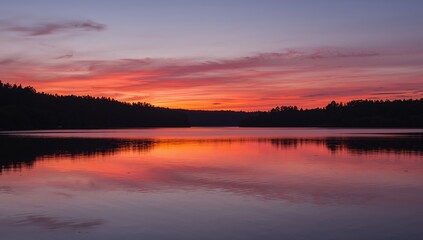 Fototapeta premium Crimson Serenity. A Study in Red, Purple, and Black Water Reflections at Sunset