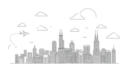 Chicago Skyline Outline: Captivating an architectural outline of the iconic Chicago skyline against a serene sky, featuring distinguished buildings, a soaring plane, and cloud formations.