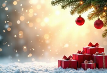 Merry Christmas and Happy New Year glowing background with fir branches, Christmas garland of lights, gift boxes and snow, card template with place for text