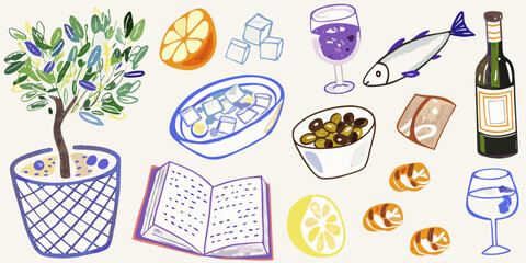 A whimsical collection of food and drink items including olives wine fish and fruit with a potted plant and book