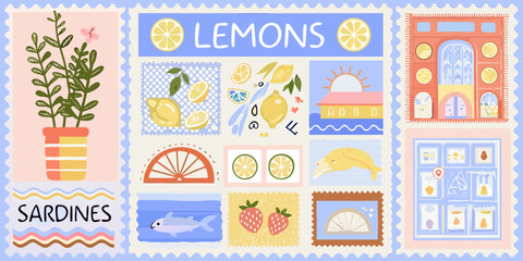 Whimsical stamp collection featuring lemons sardines strawberries and coastal elements