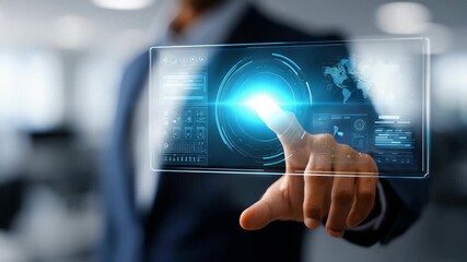 Businessman interacts with futuristic digital touchscreen interface in modern office environment. Innovative technology and virtual data visualization highlight advanced business solutions - Powered by Adobe