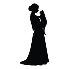 Elegant silhouette of a woman gently holding a cat captures a moment of tender affection and timeless beauty silhouette