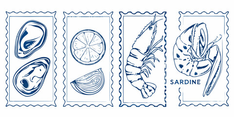 Hand drawn blue ink illustrations of seafood and citrus in decorative frames resembling postage stamps